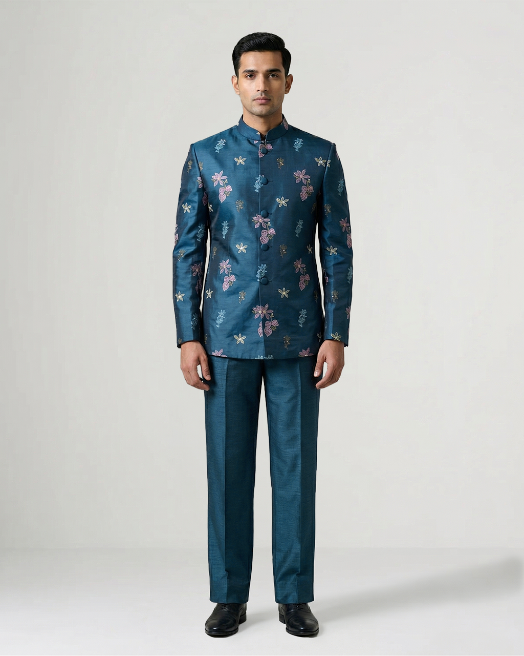 Blue Handwoven Tussar Silk Embroidered Bandhgala