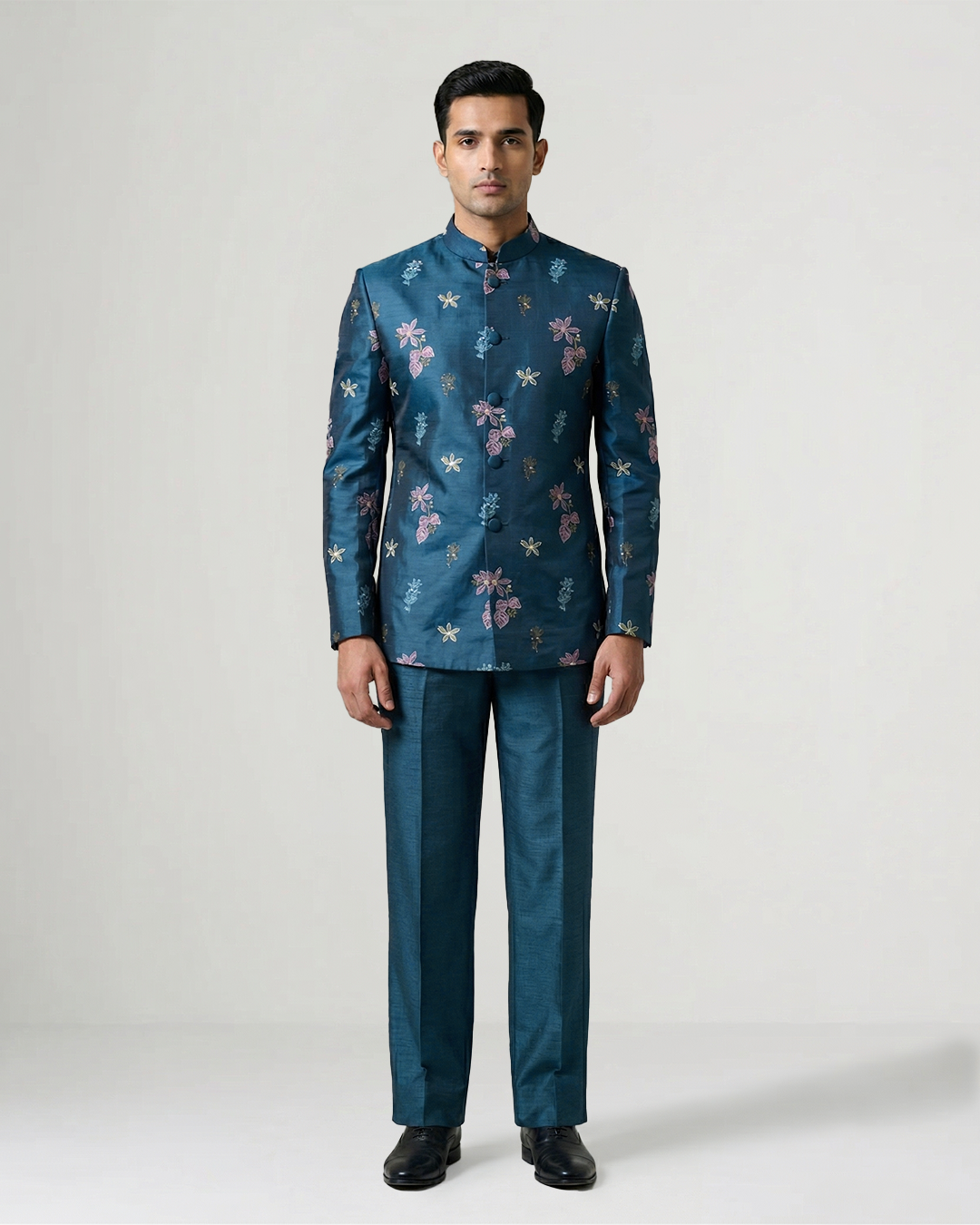 Blue Handwoven Tussar Silk Embroidered Bandhgala