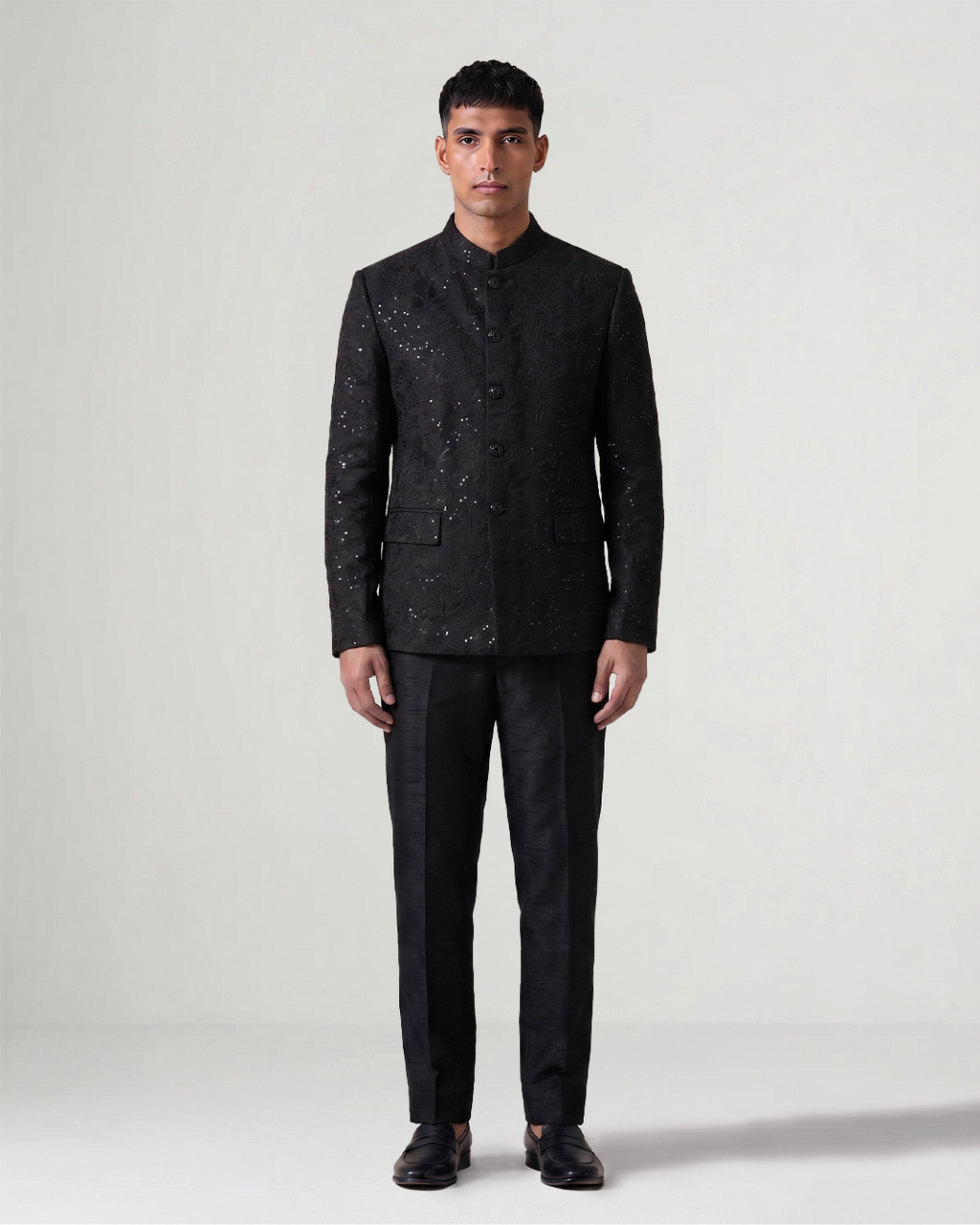 Black Handwoven Tussar Silk Embroidered Bandhgala