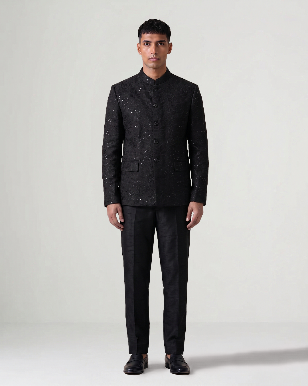 Black Handwoven Tussar Silk Embroidered Bandhgala