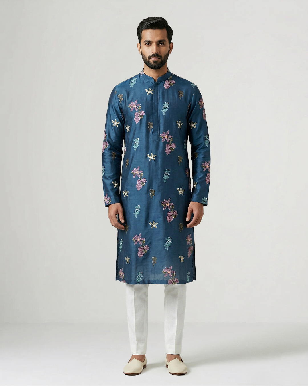 Blue Handwoven Tussar Silk Embroidered Kurta