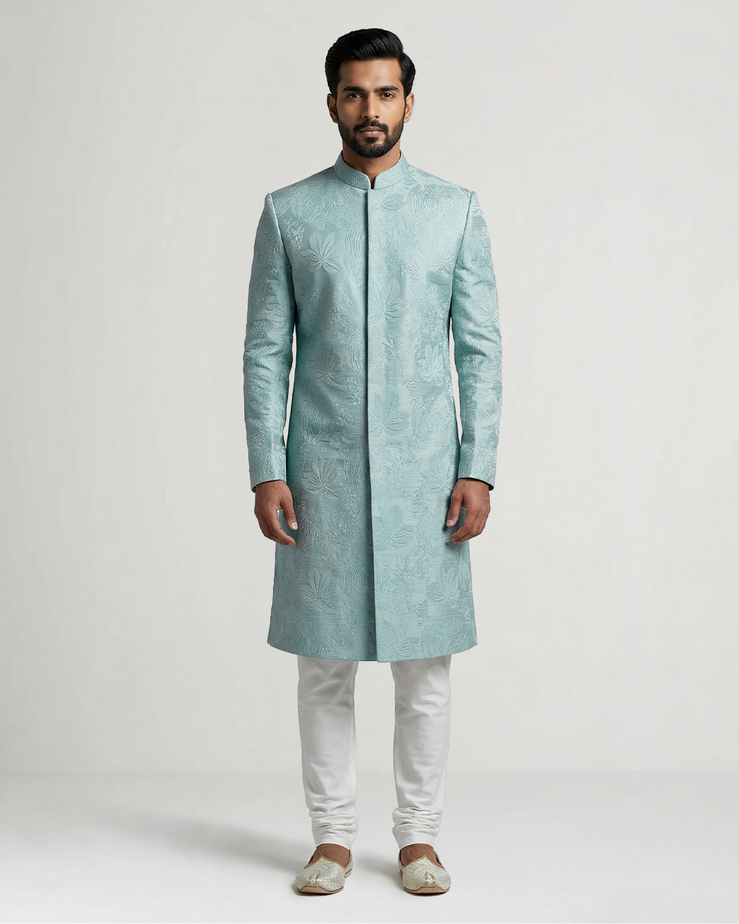 Sky Blue Handwoven Tussar Silk Embroidered Sherwani