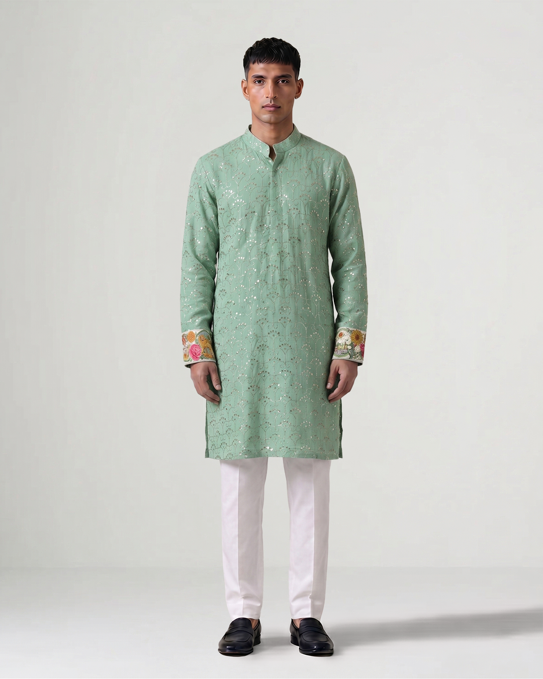 Sea Green Hand-Embroidered Badla Chiffon Kurta