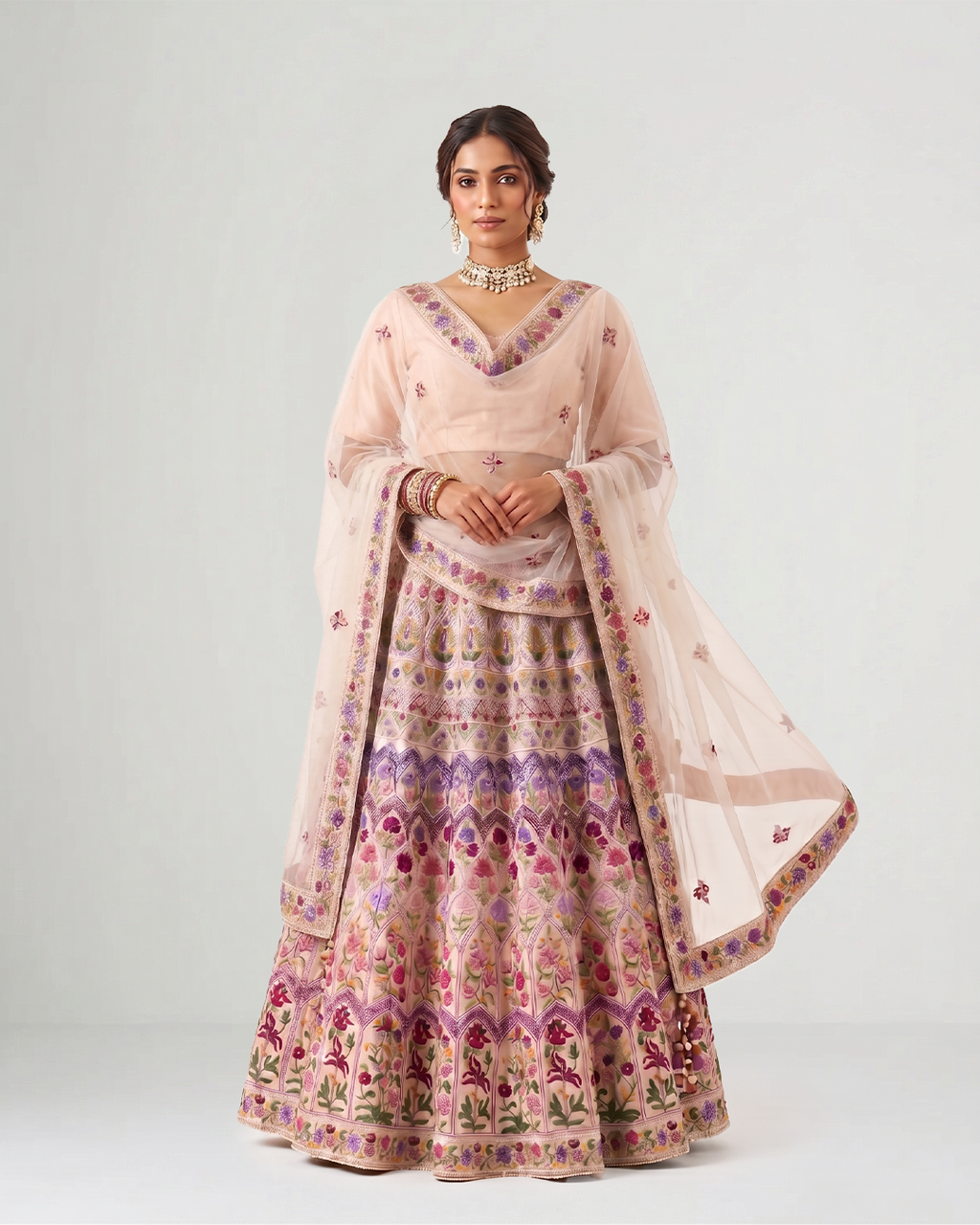 Pink Hand-Embroidered Lehenga with Floral Artistry