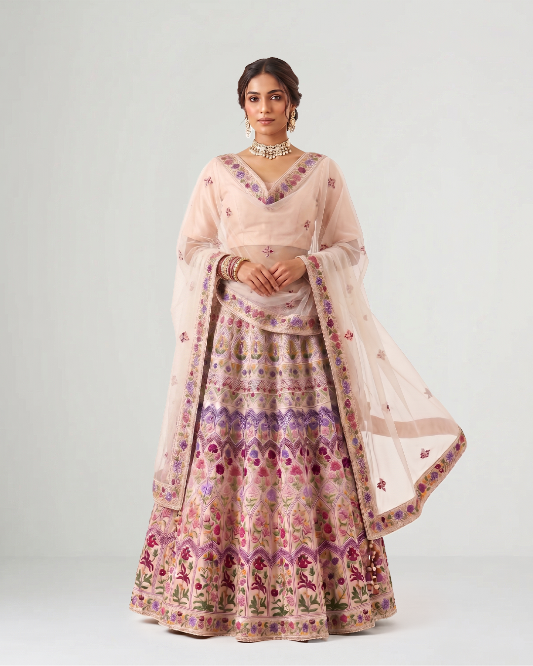 Pink Hand-Embroidered Lehenga with Floral Artistry