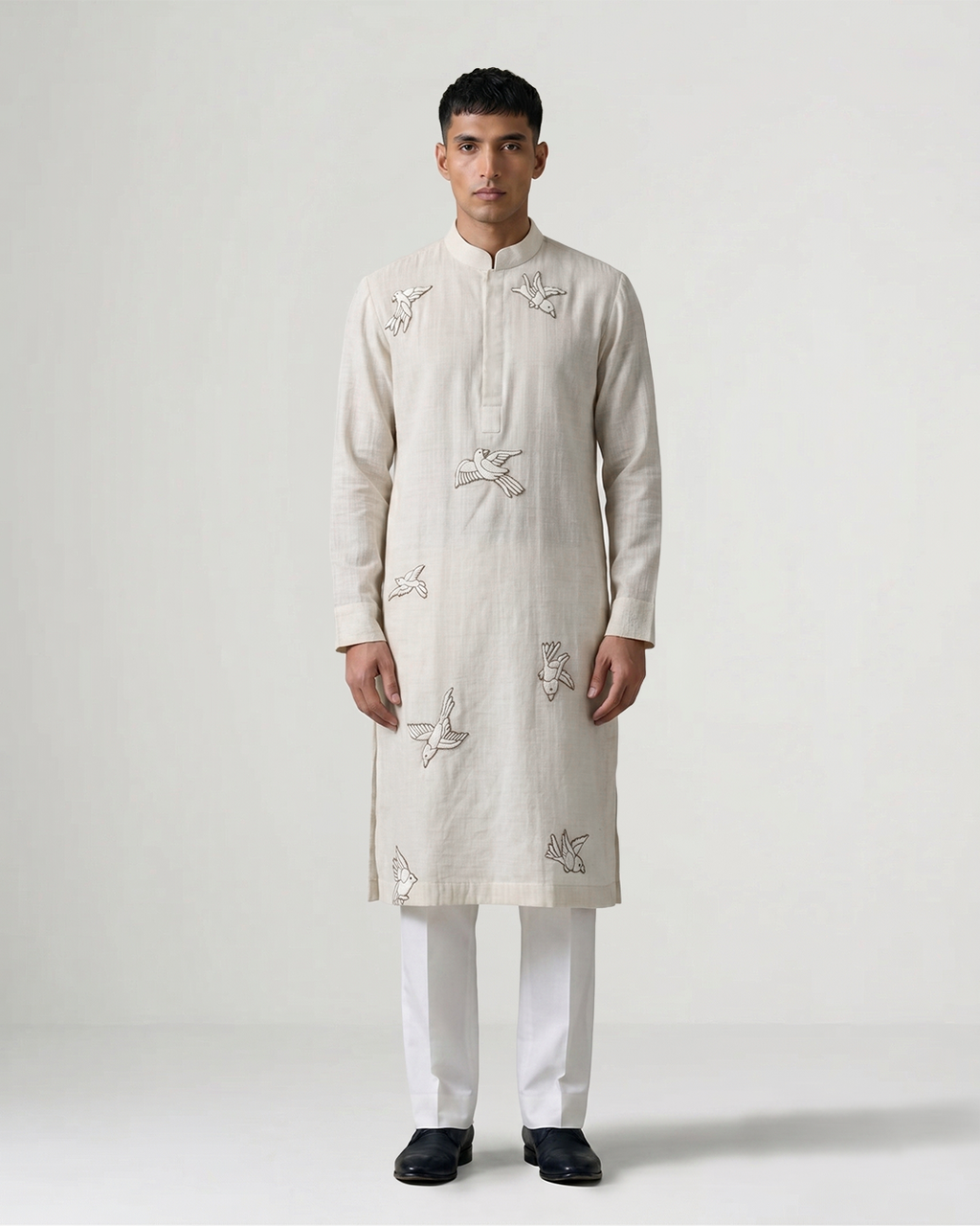 Off White Handwoven Matka Silk Kurta with Avian Embroidery