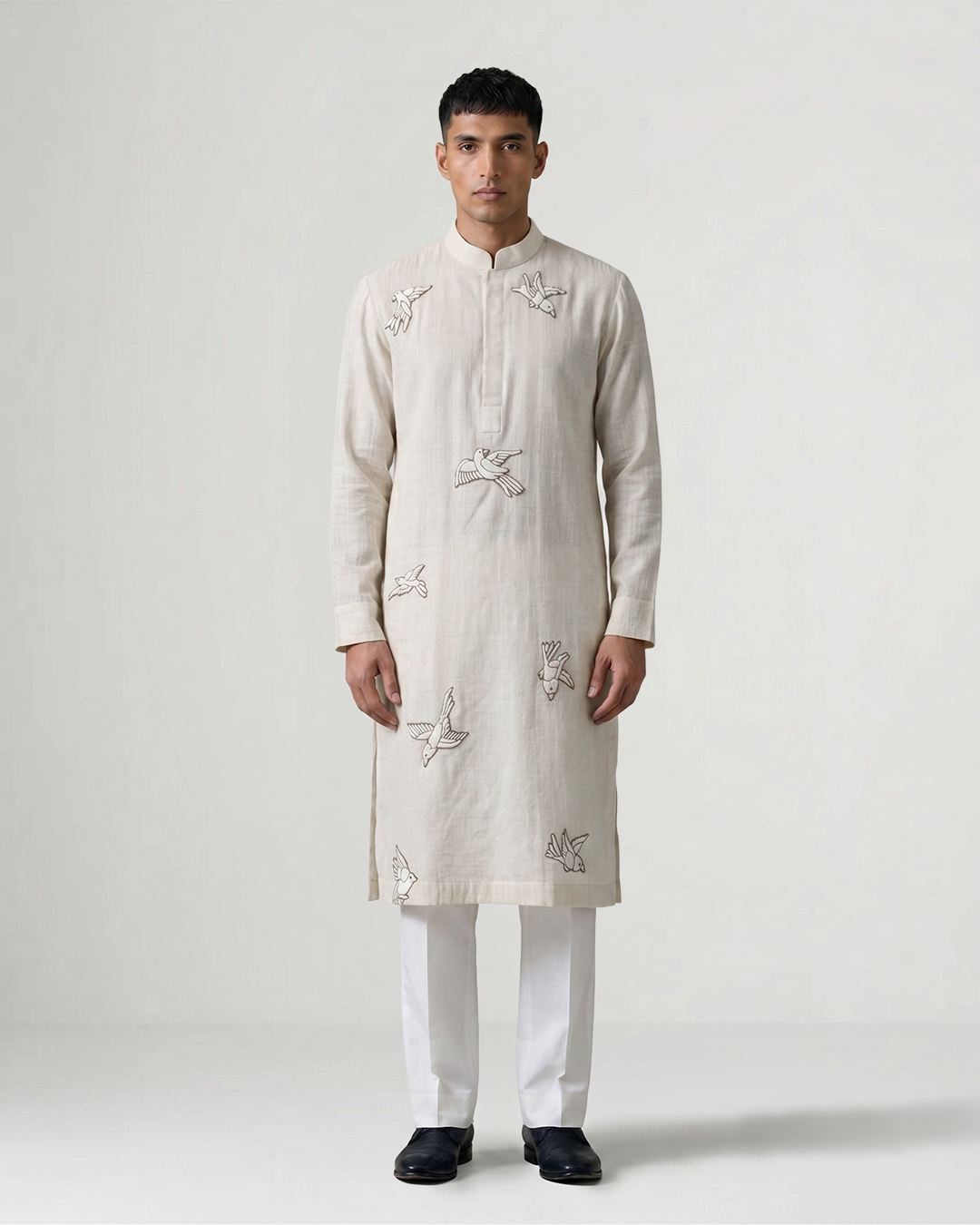 Off White Handwoven Matka Silk Kurta with Avian Embroidery