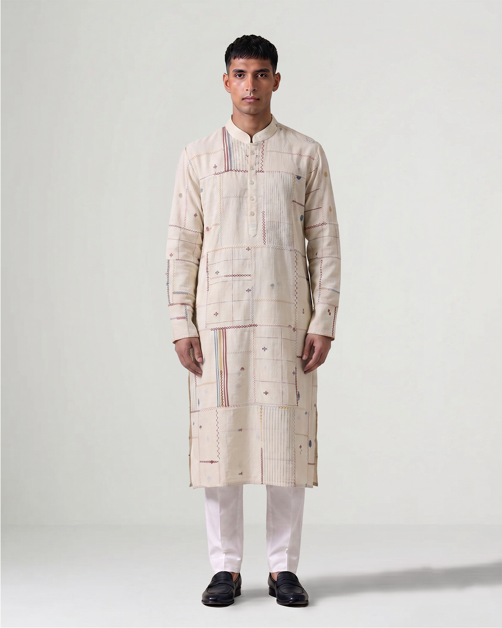 Off White Handwoven Cotton Patchwork Kurta