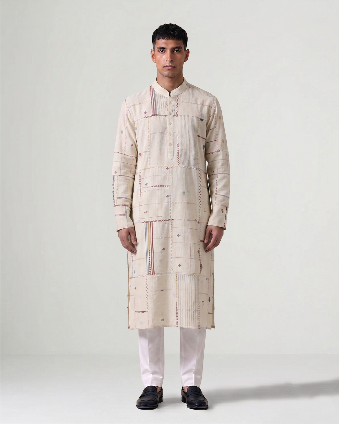 Off White Handwoven Cotton Patchwork Kurta