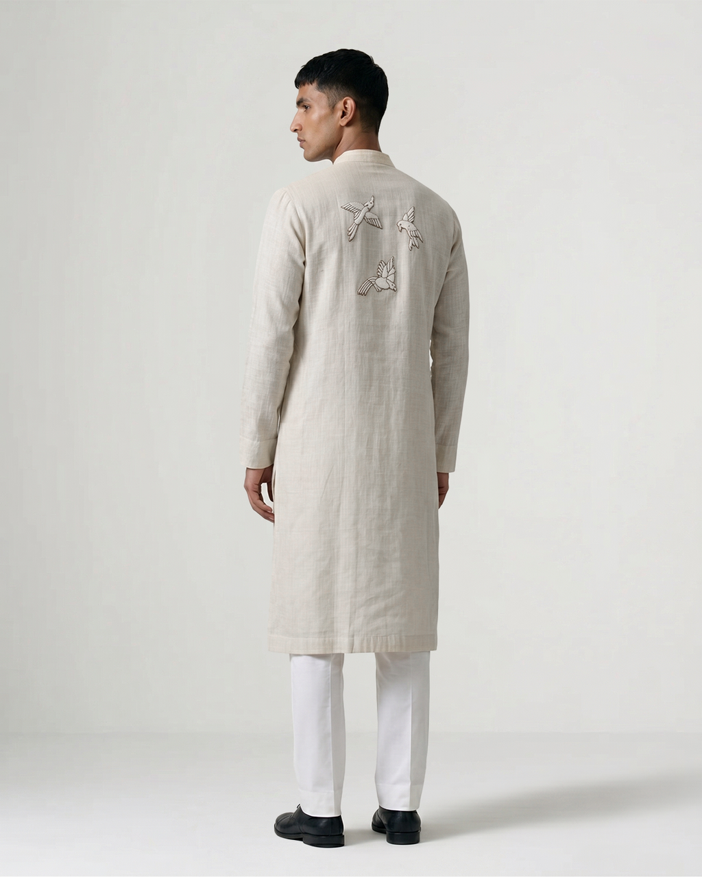 Off White Handwoven Matka Silk Kurta with Avian Embroidery