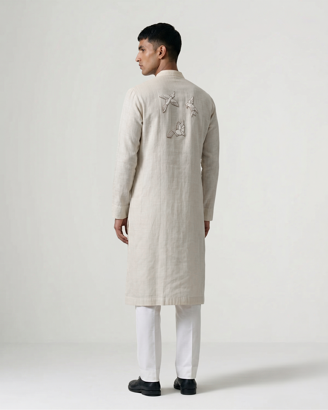 Off White Handwoven Matka Silk Kurta with Avian Embroidery