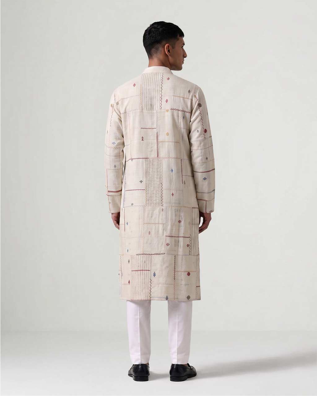 Off White Handwoven Cotton Patchwork Kurta