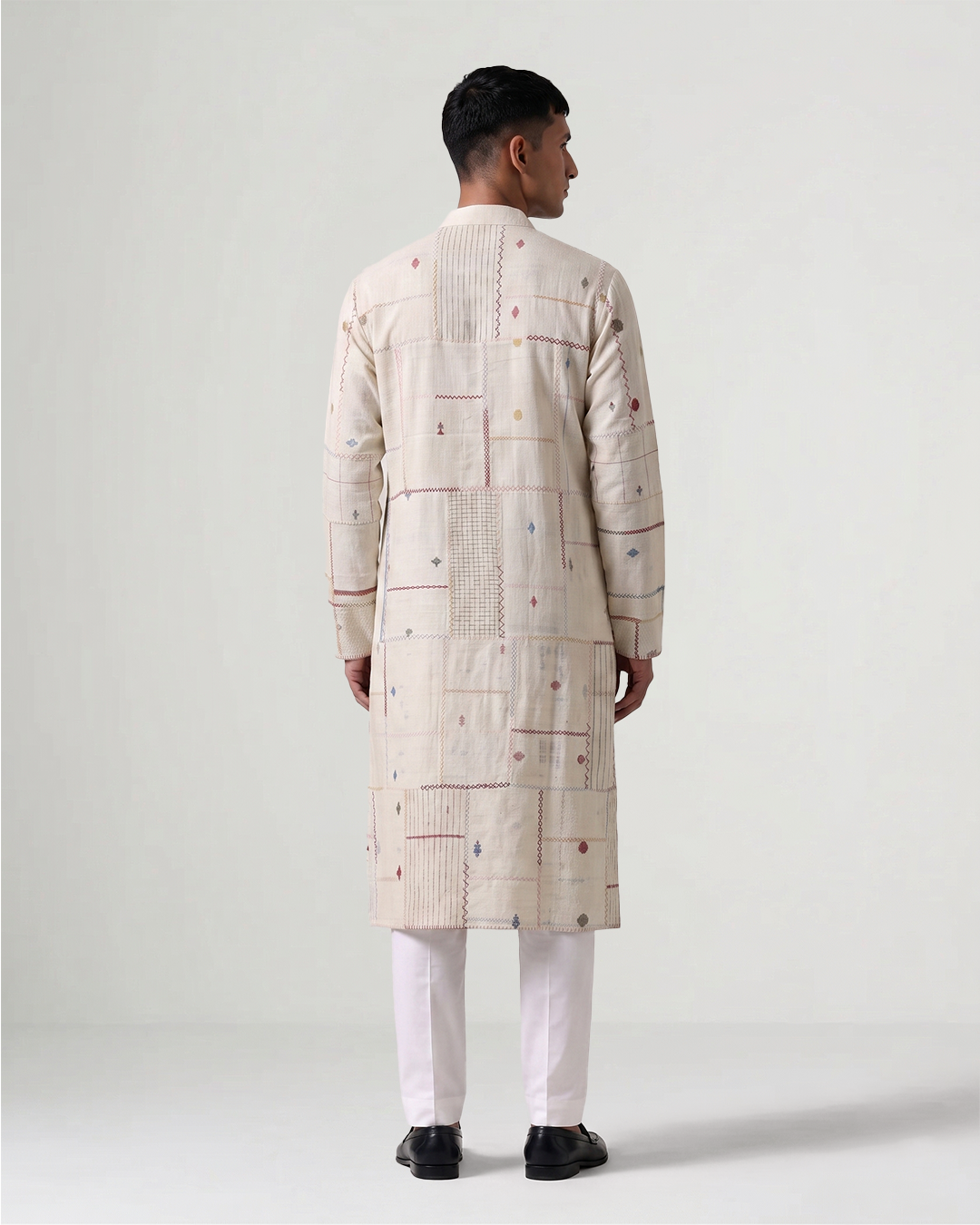 Off White Handwoven Cotton Patchwork Kurta