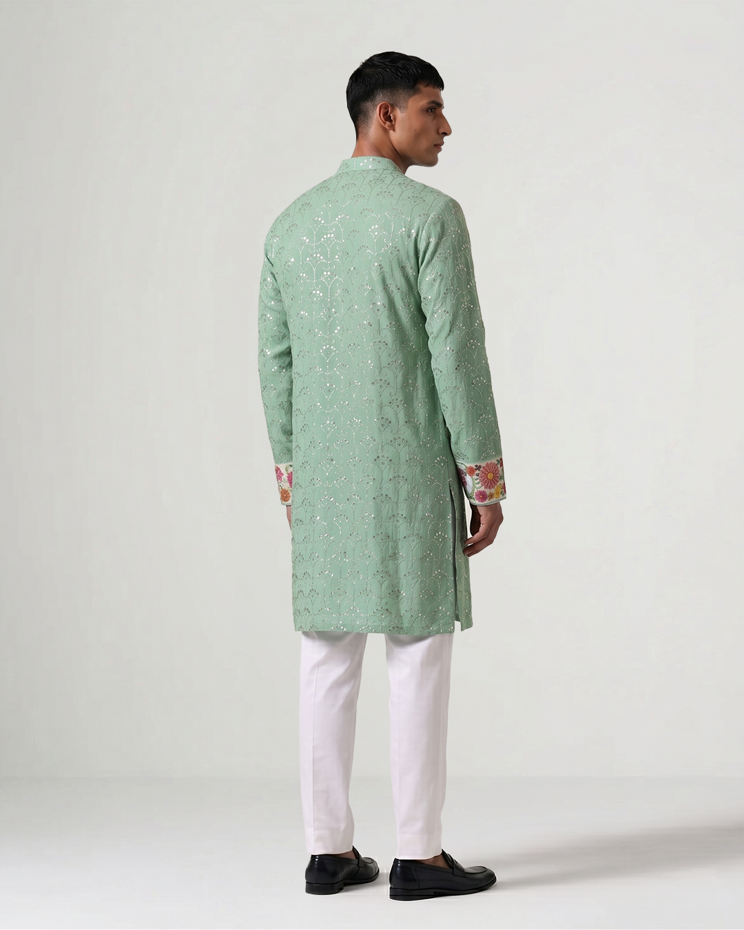 Sea Green Hand-Embroidered Badla Chiffon Kurta