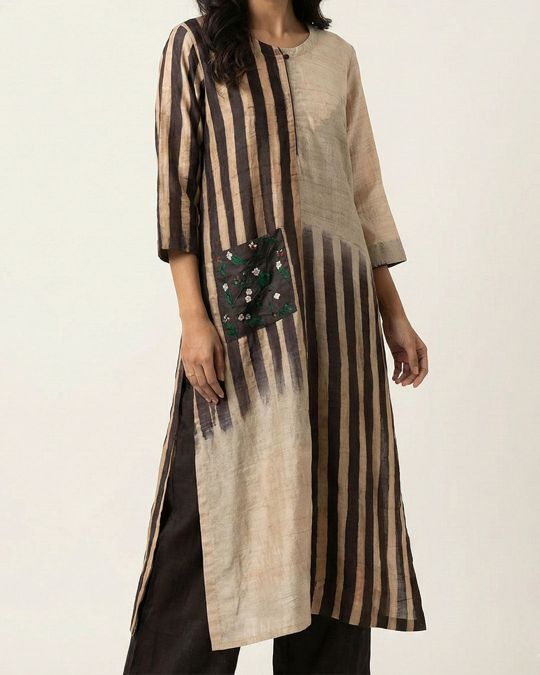 Beige Hand Block Printed Tussar Silk Kurta Set