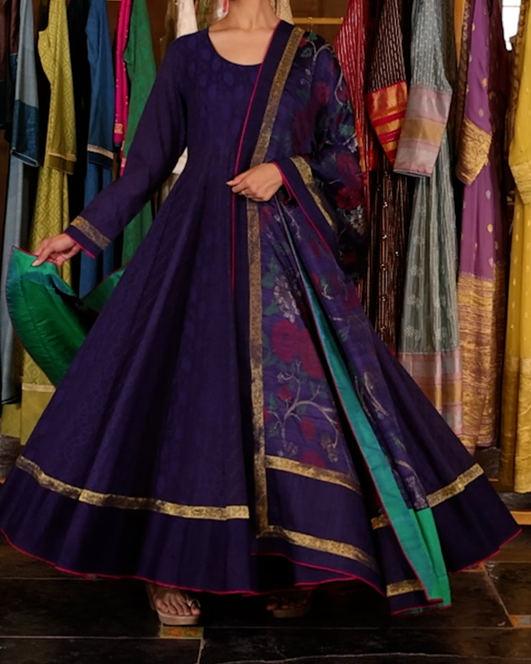 Indigo Handwoven Banaras Cotton Silk Anarkali