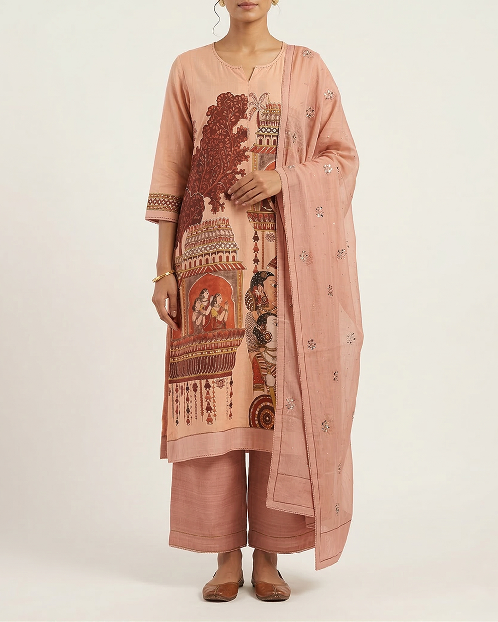 Pink Handpainted Nayaka Kalamkari Mul Cotton Kurta Set