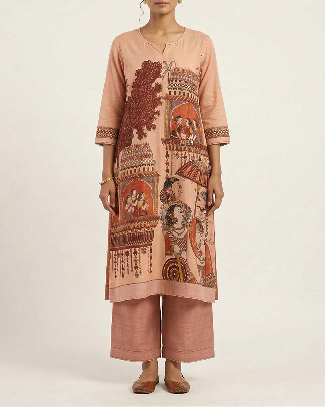 Pink Handpainted Nayaka Kalamkari Mul Cotton Kurta Set