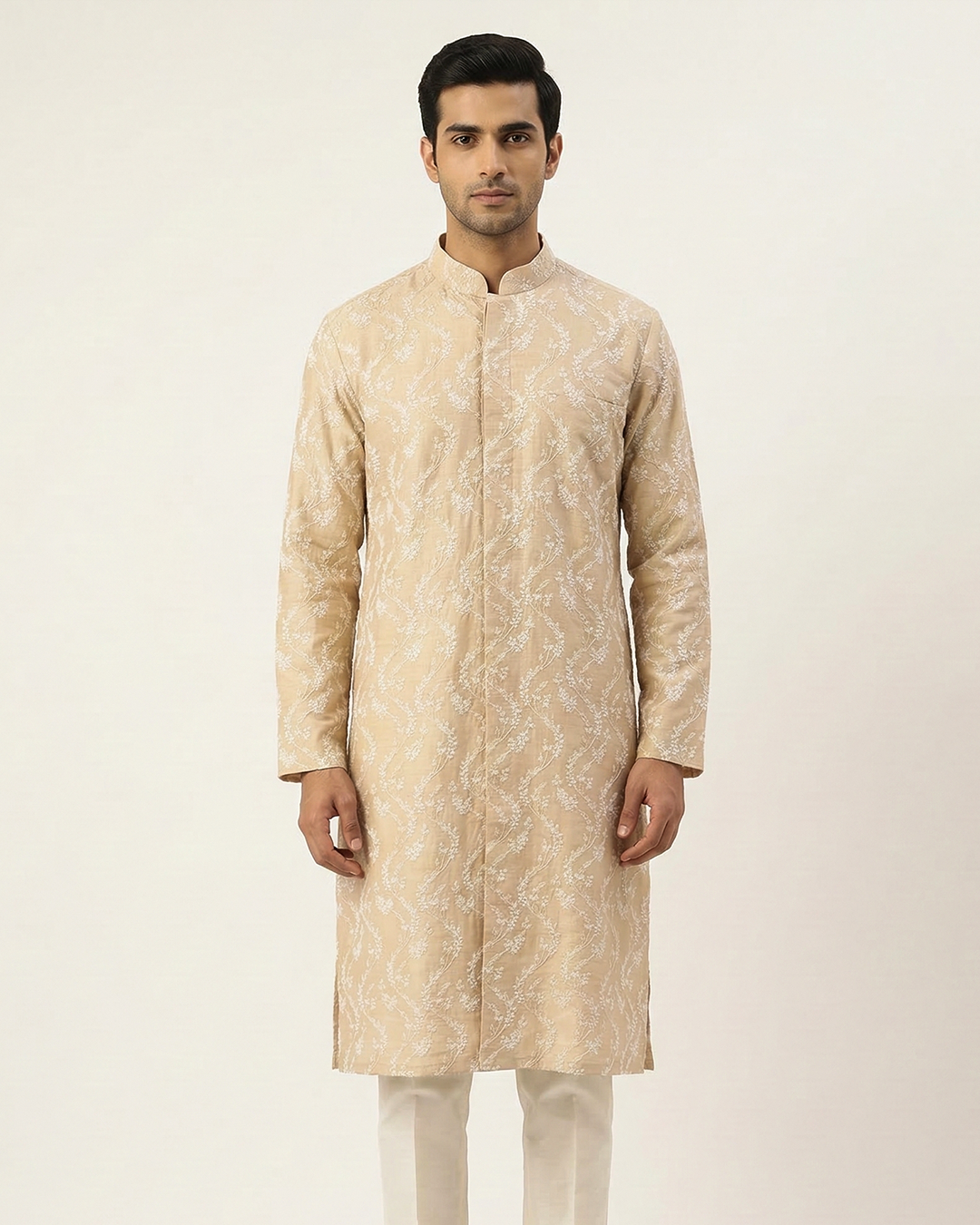 Beige  Handwoven Tussar Embroidered Sherwani