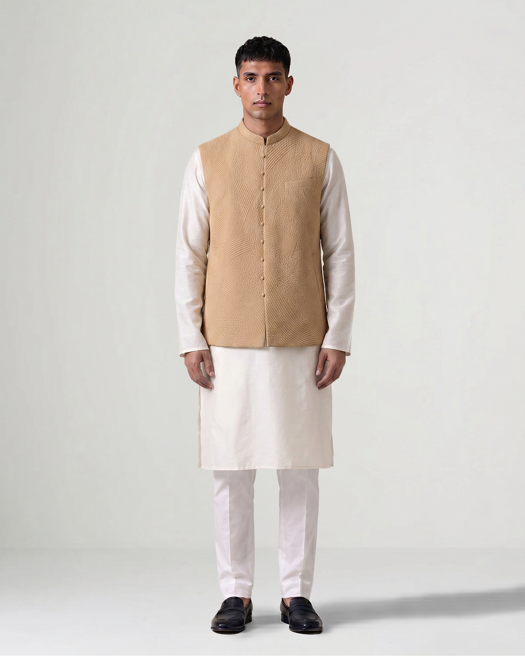 Beige Handwoven Silk Quilted Weave Bandi
