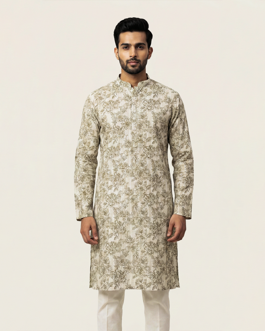 Off White Handwoven Chanderi Cotton Printed Kurta