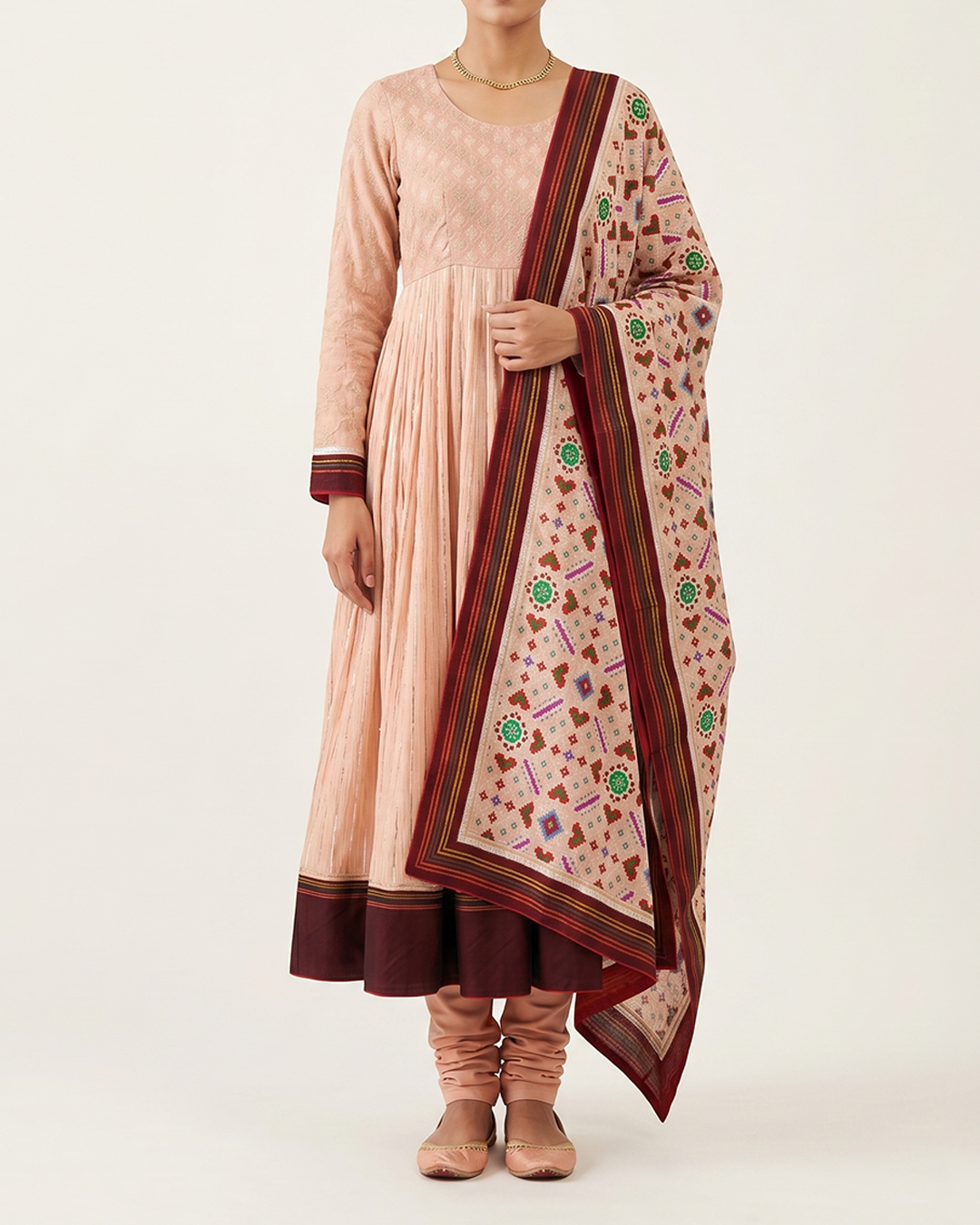 Beige Handwoven Tussar Embroidery Anarkali