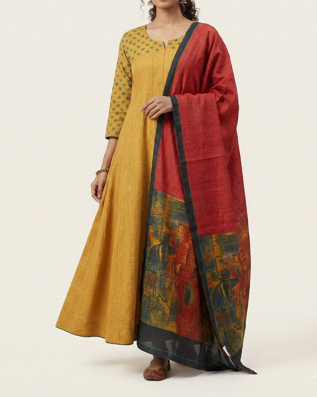 Yellow Handwoven Matka Kota Sufi-Cut Kurta Set