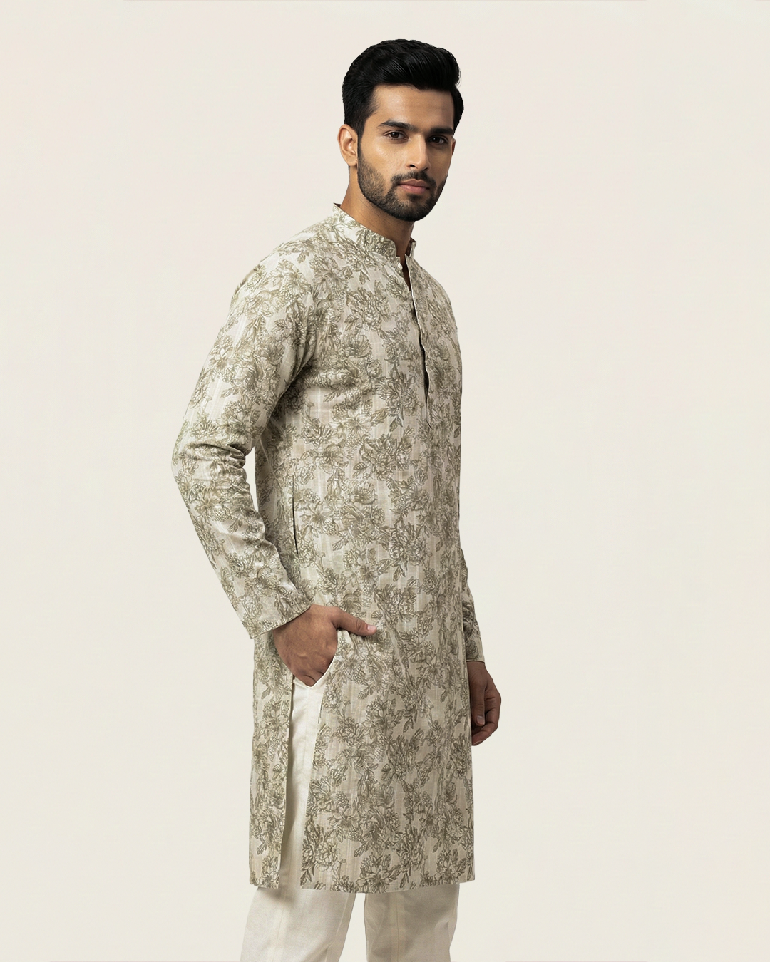Off White Handwoven Chanderi Cotton Printed Kurta