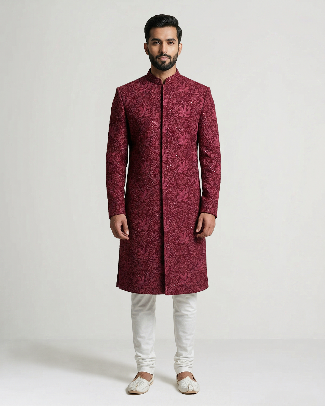Coral Red Handwoven Tussar Silk Embroidered Sherwani