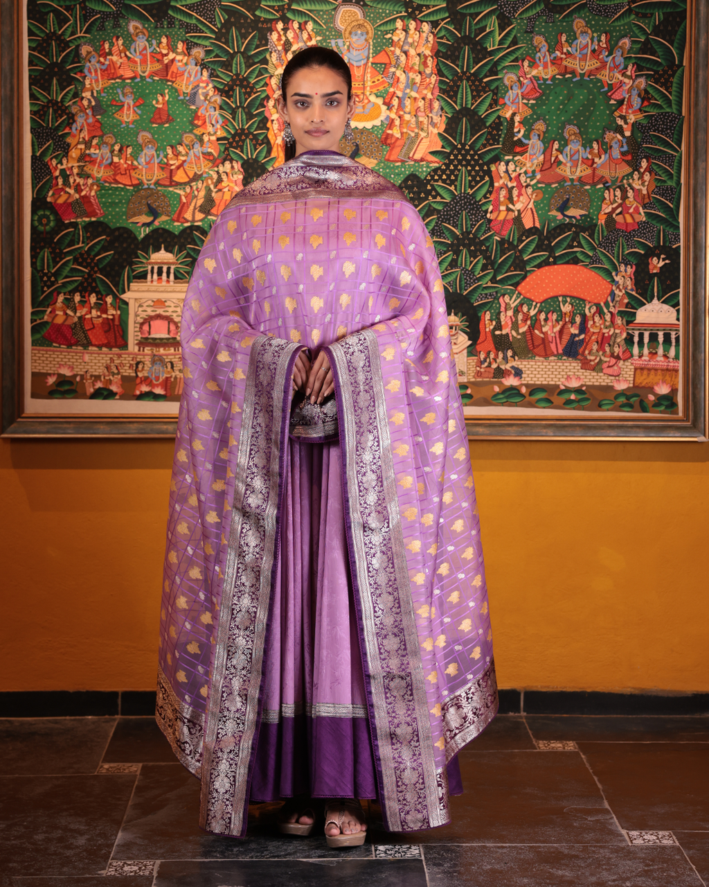 Mauve Handwoven Chiffon Self Woven Anarkali