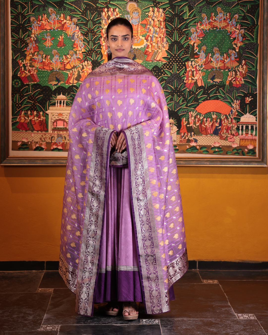 Mauve Handwoven Chiffon Self Woven Anarkali