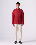 Red Handwoven Tussar Silk Embroidered Bandhgala