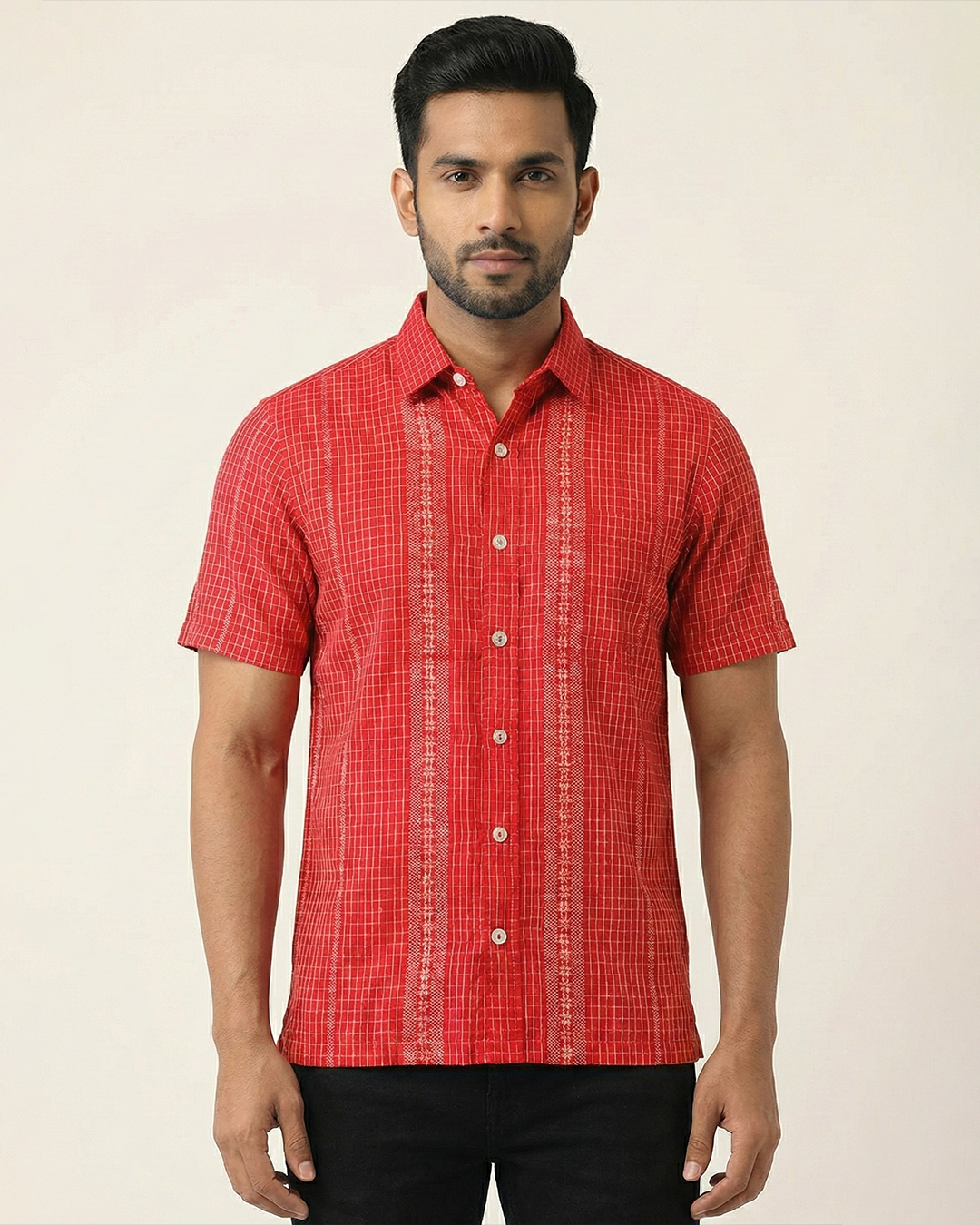 Red Handwoven Fine Khadi Checks Shirt