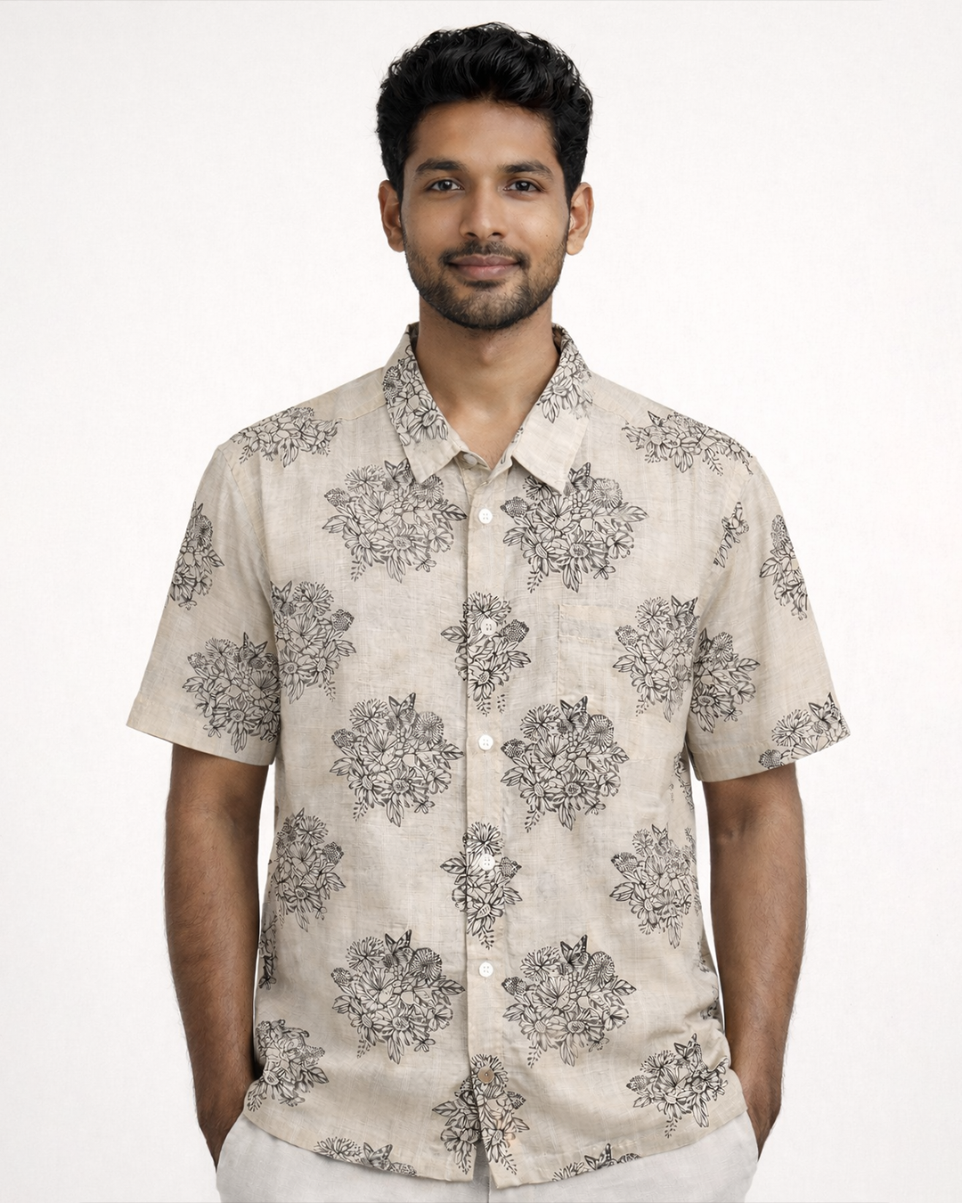 Beige Handwoven Chanderi Cotton Printed Shirt