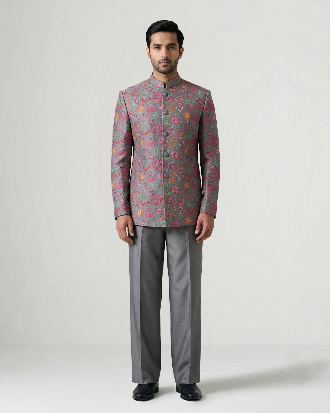 Grey Handwoven Chanderi Cotton Embroidered Bandhgala