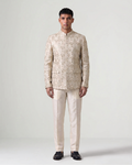 Beige Handwoven Tussar Silk Embroidered Bandhgala