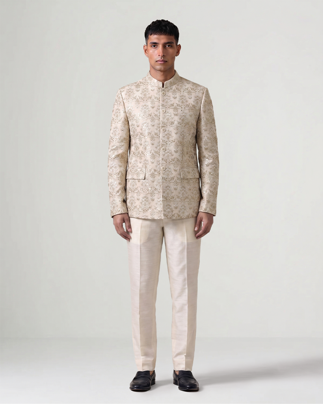Beige Handwoven Tussar Silk Embroidered Bandhgala