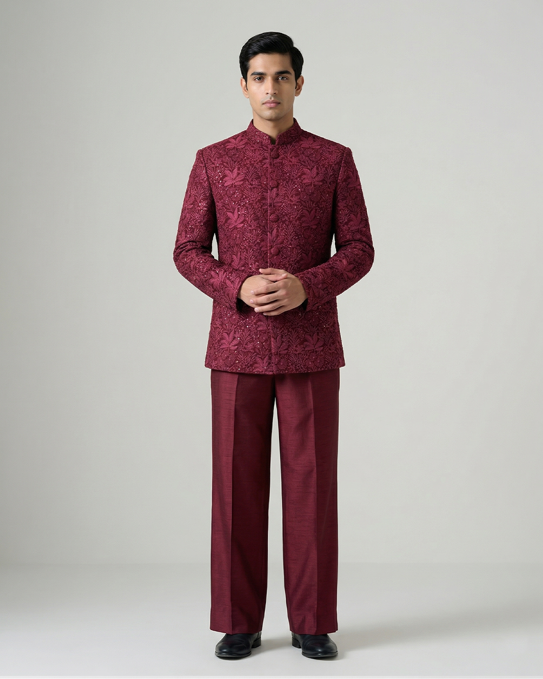 Coral Red Handwoven Tussar Silk Embroidered Bandhgala