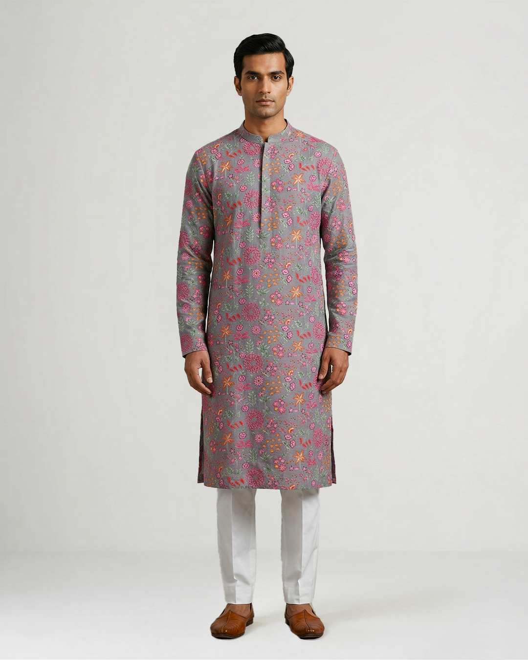 Grey Handwoven Chanderi Cotton Embroidered Kurta