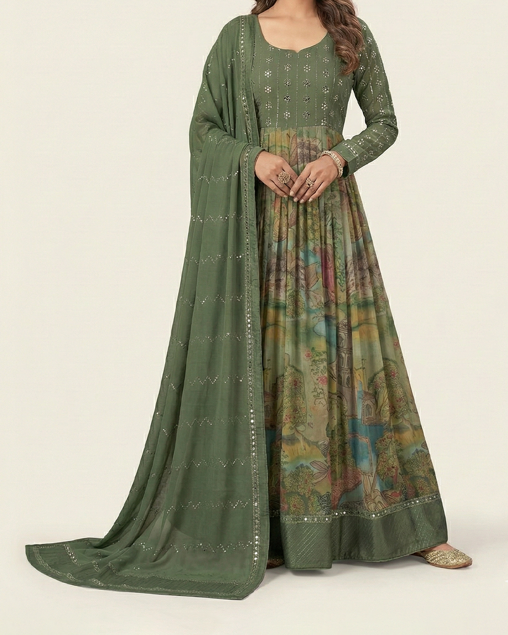 Green Handwoven Chiffon Handpainted Kalamkari Anarkali