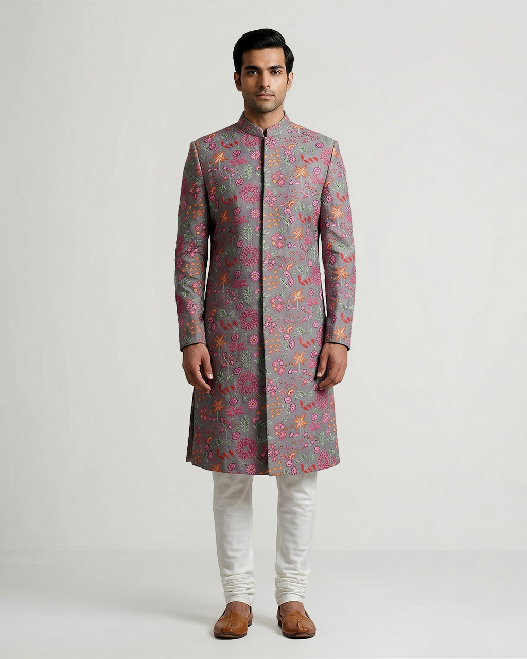 Grey Handwoven Chanderi Cotton Embroidered Sherwani