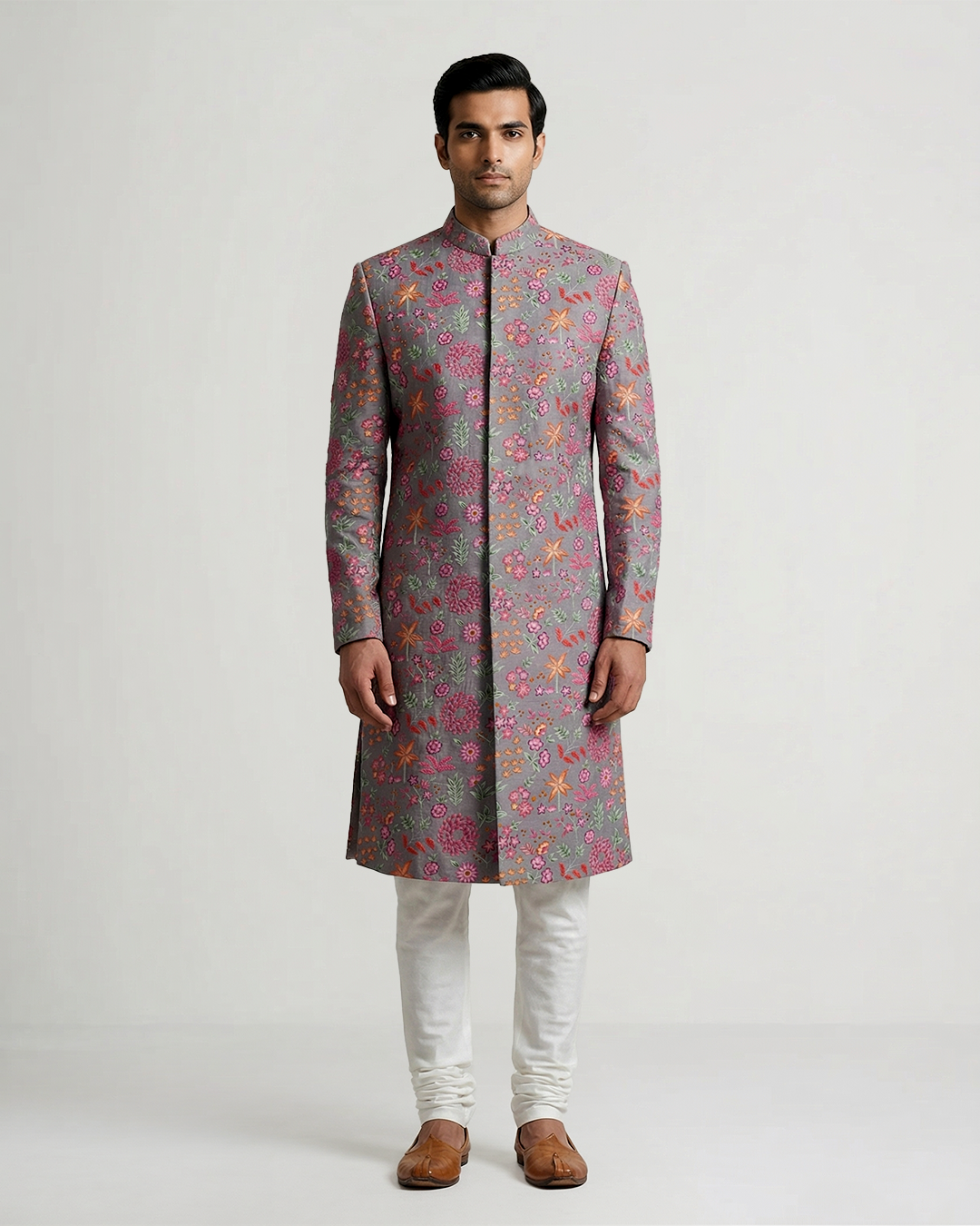 Grey Handwoven Chanderi Cotton Embroidered Sherwani