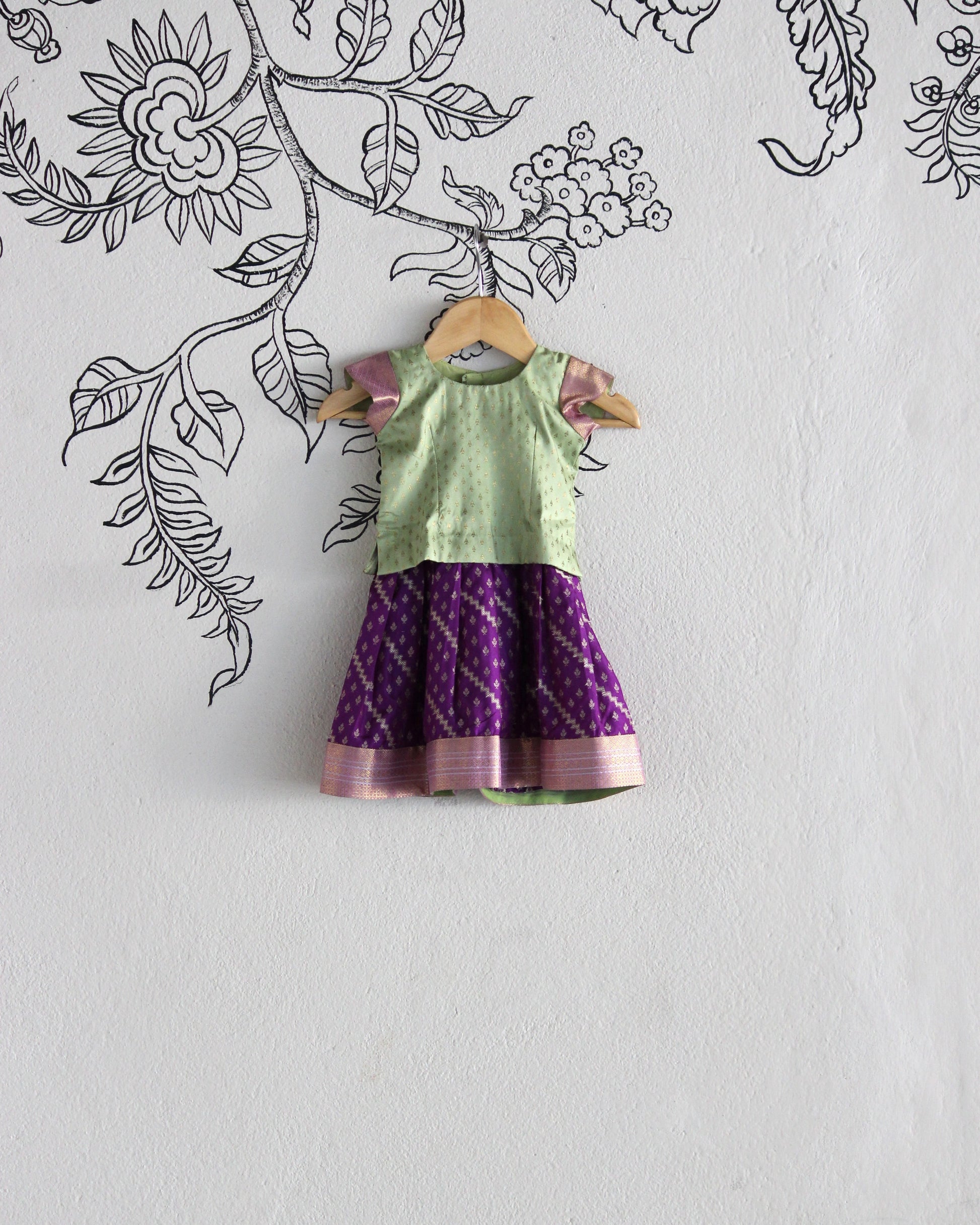 Sage Green & Purple Kanjeevaram Silk Lehenga