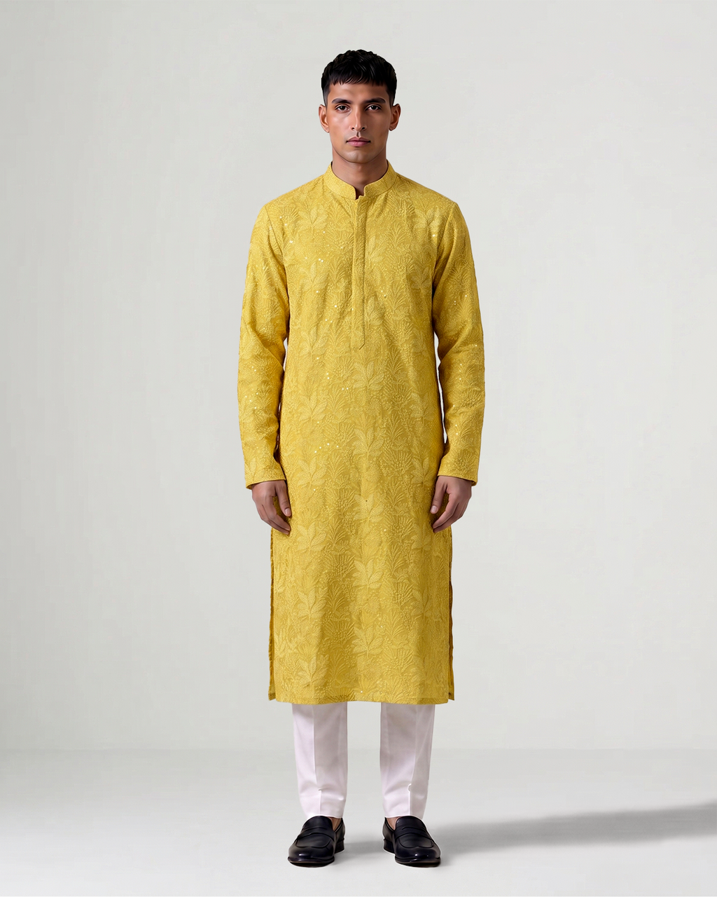 Yellow Handwoven Tussar Silk Embroidered Kurta