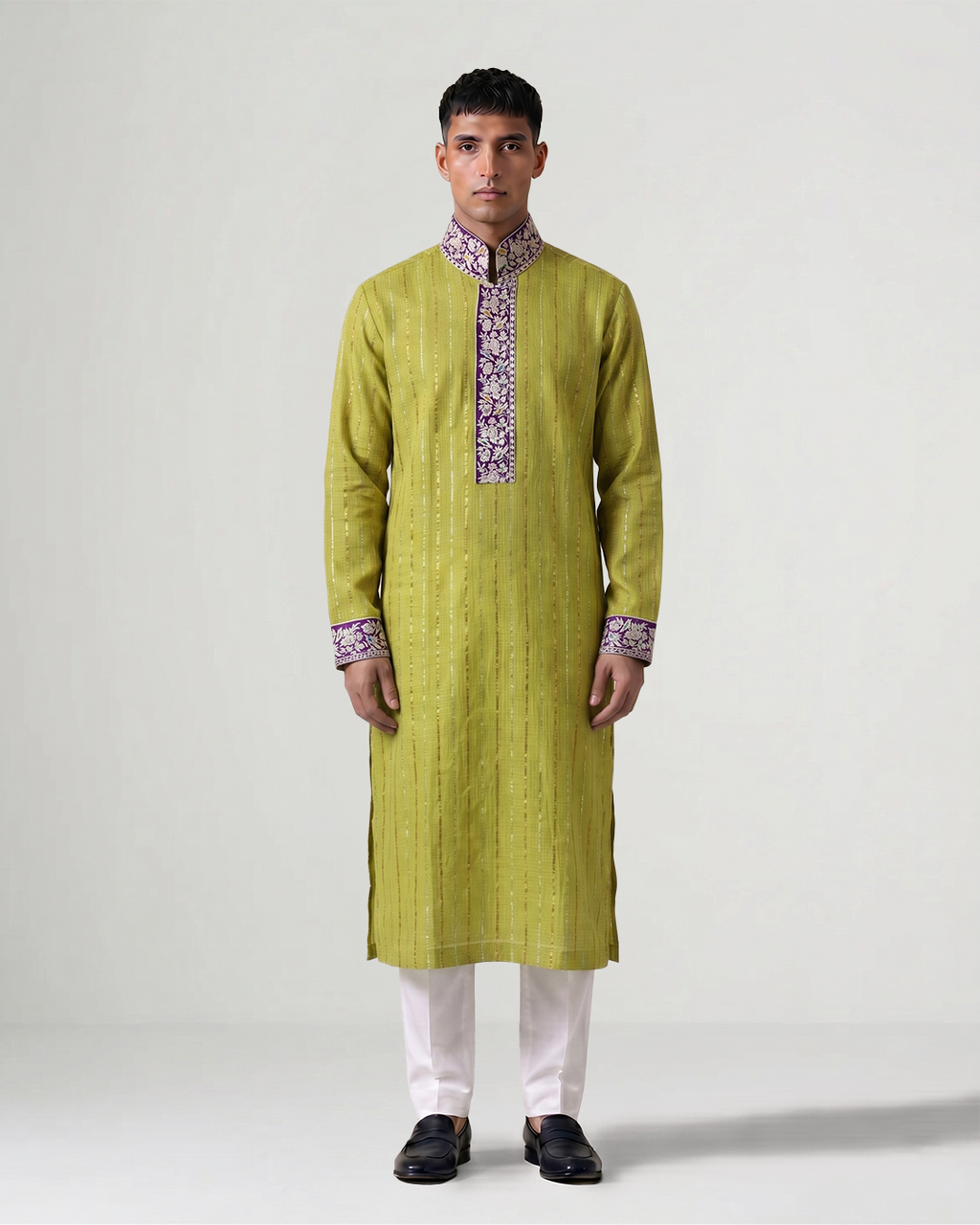 Green Handwoven Kota Kurta with Parsi Gara Embroidery