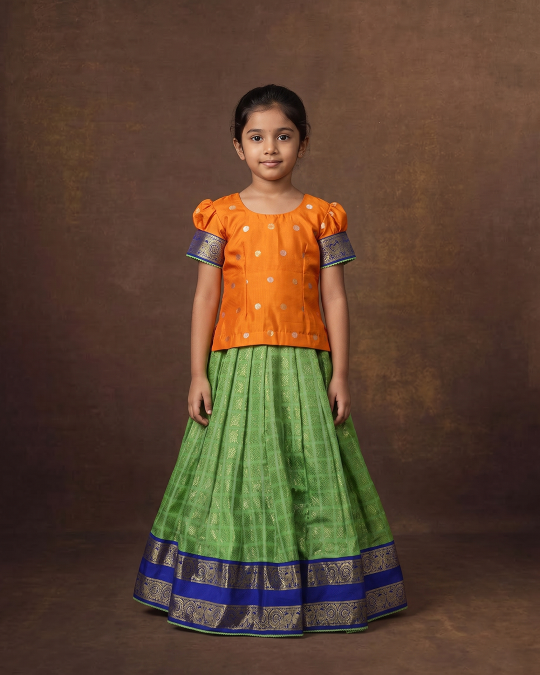 Orange & Green Handwoven Kanjeevaram Lehenga