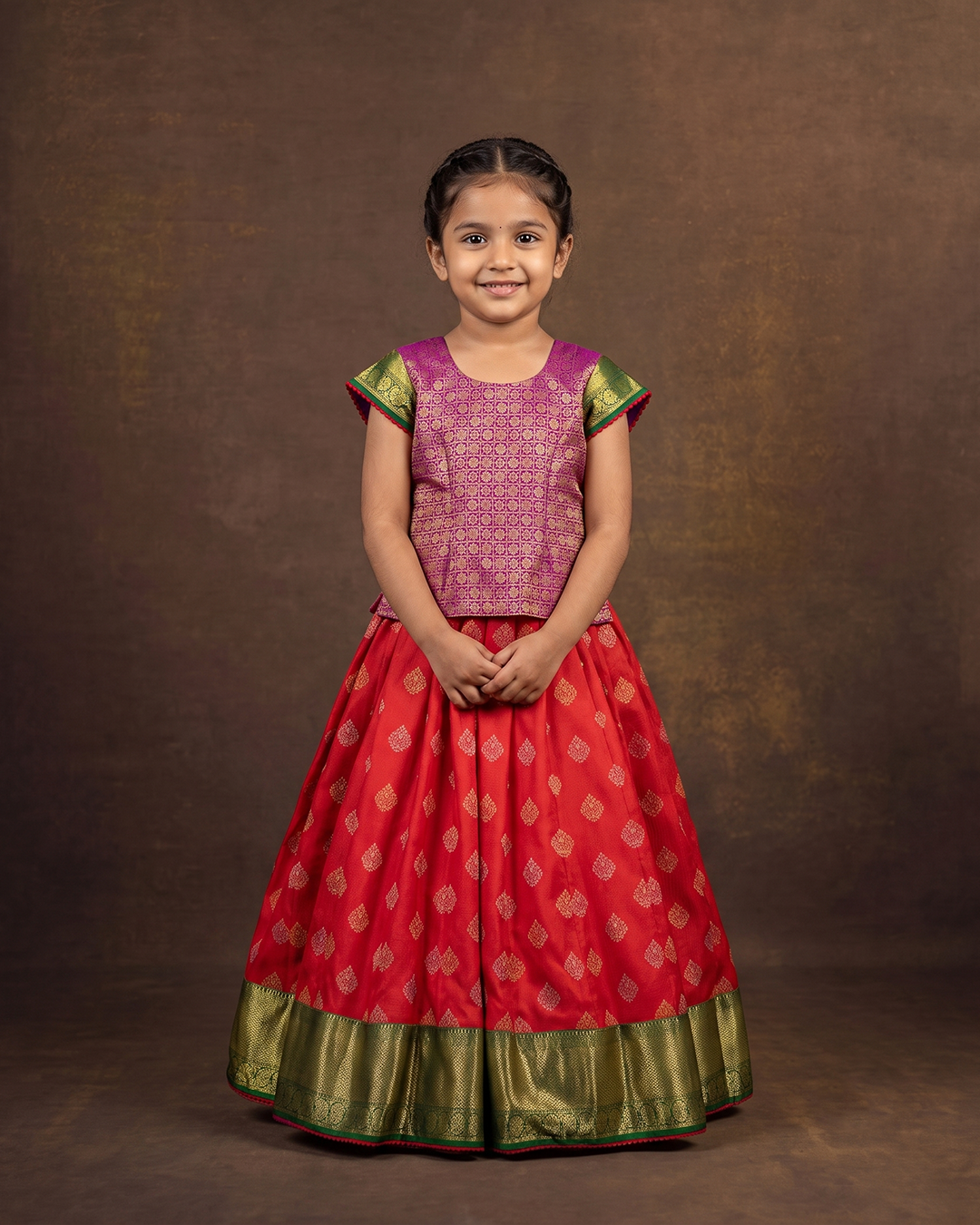 Rani Pink & Red Handwoven Kanjeevaram Lehenga