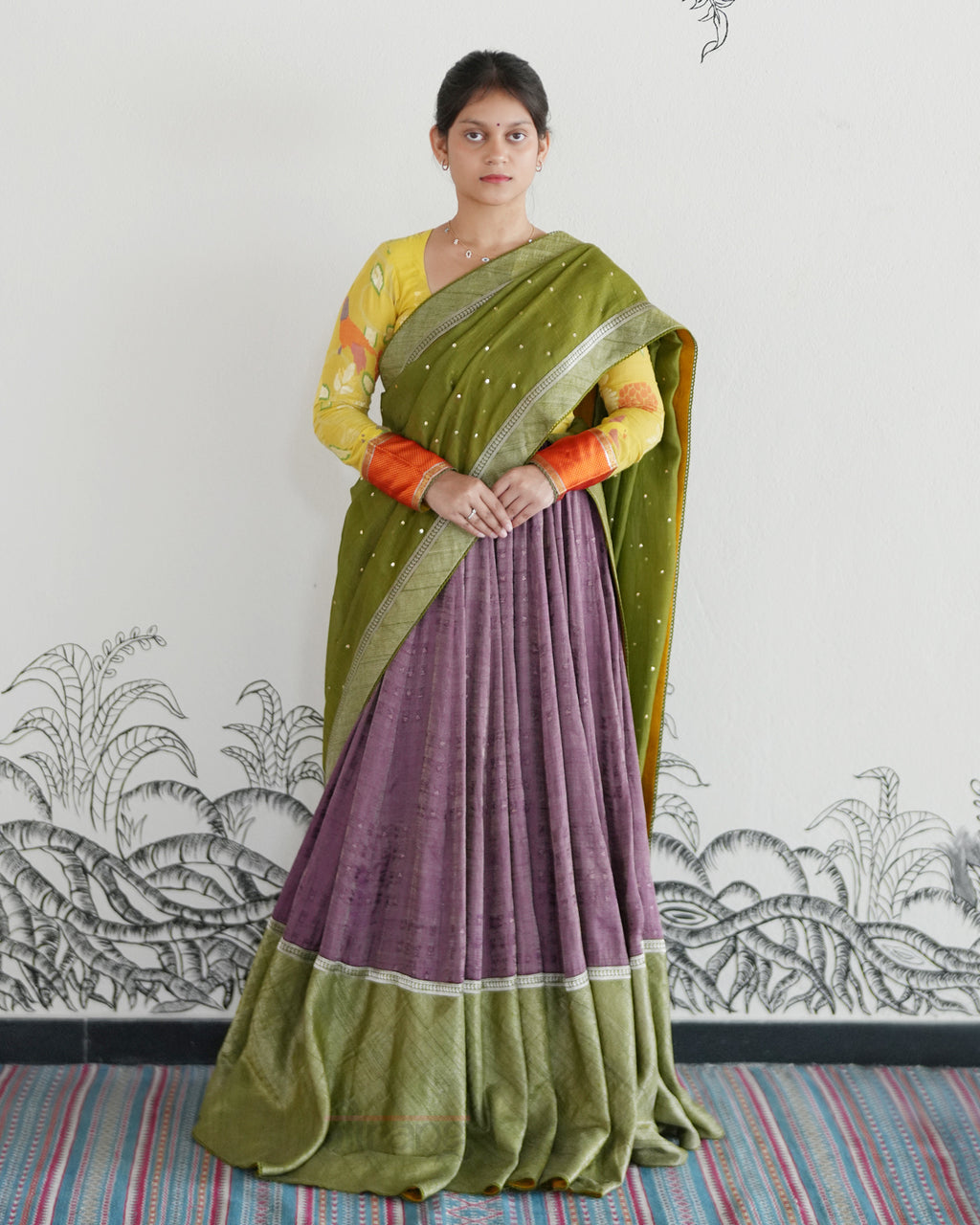 Mauve Handwoven Tussar Tissue Lehenga