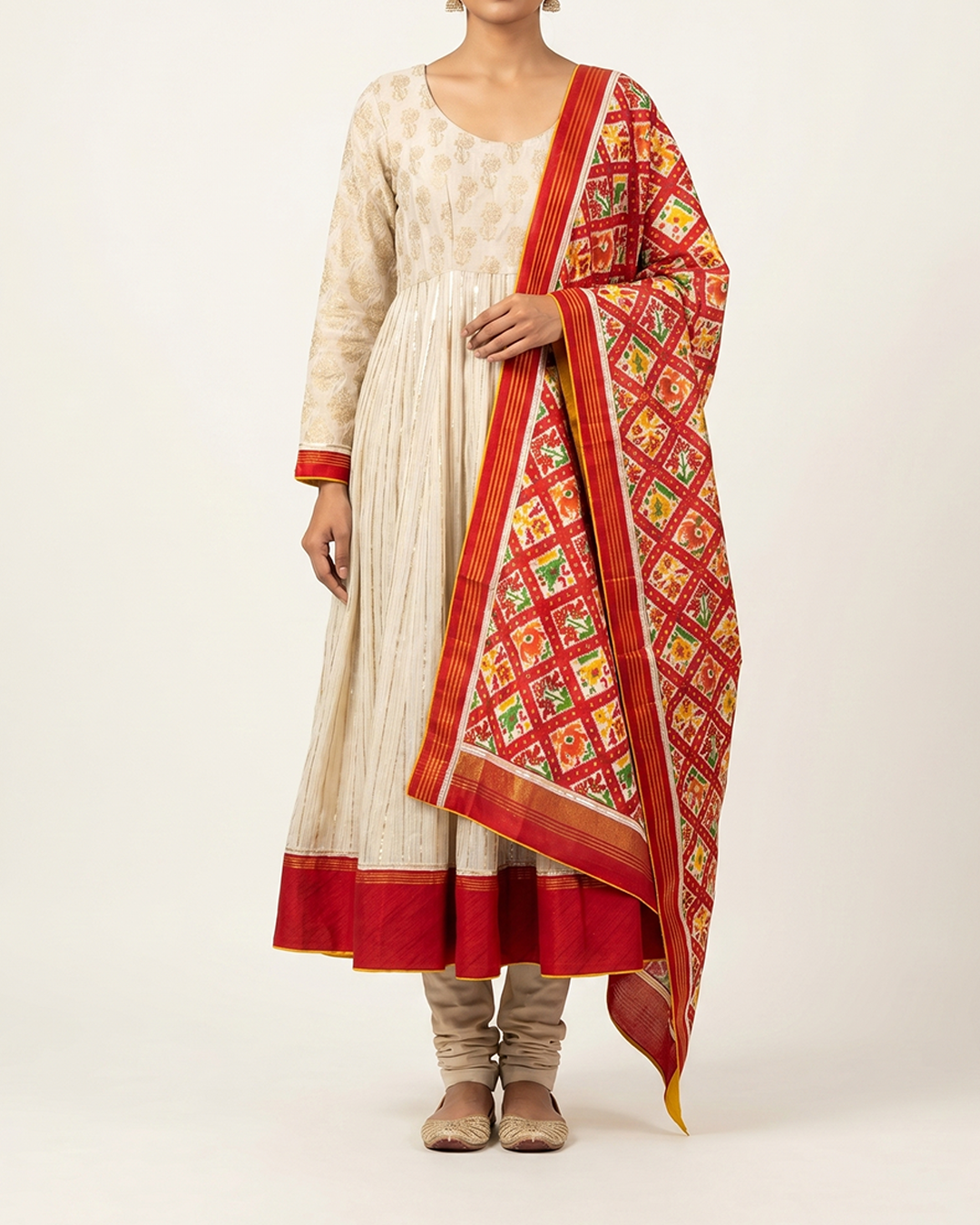 White Handwoven Tussar Embroidery Anarkali