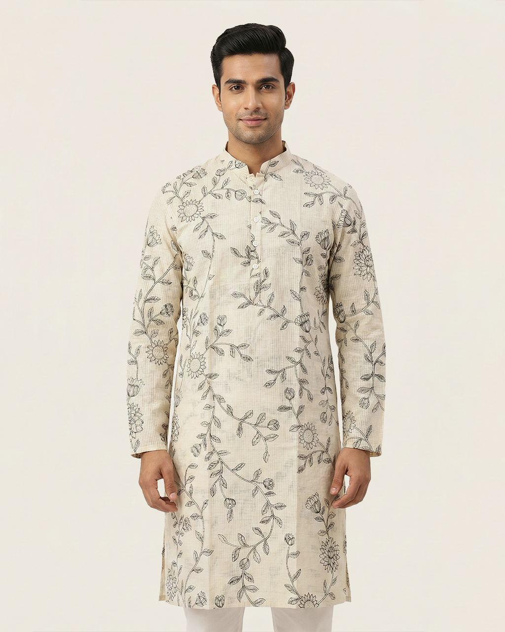 Off White Handwoven Chanderi Cotton Printed Kurta